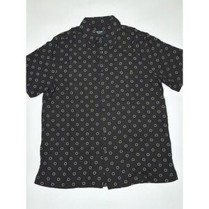 LINEA ROSSO Silk Mens Button Down Shirt Black Geometric Short Sleeve Size M